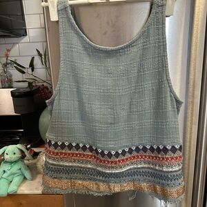 Ecote Textured Teal Tank Top Aztec distressed with fringe hem multi colored co